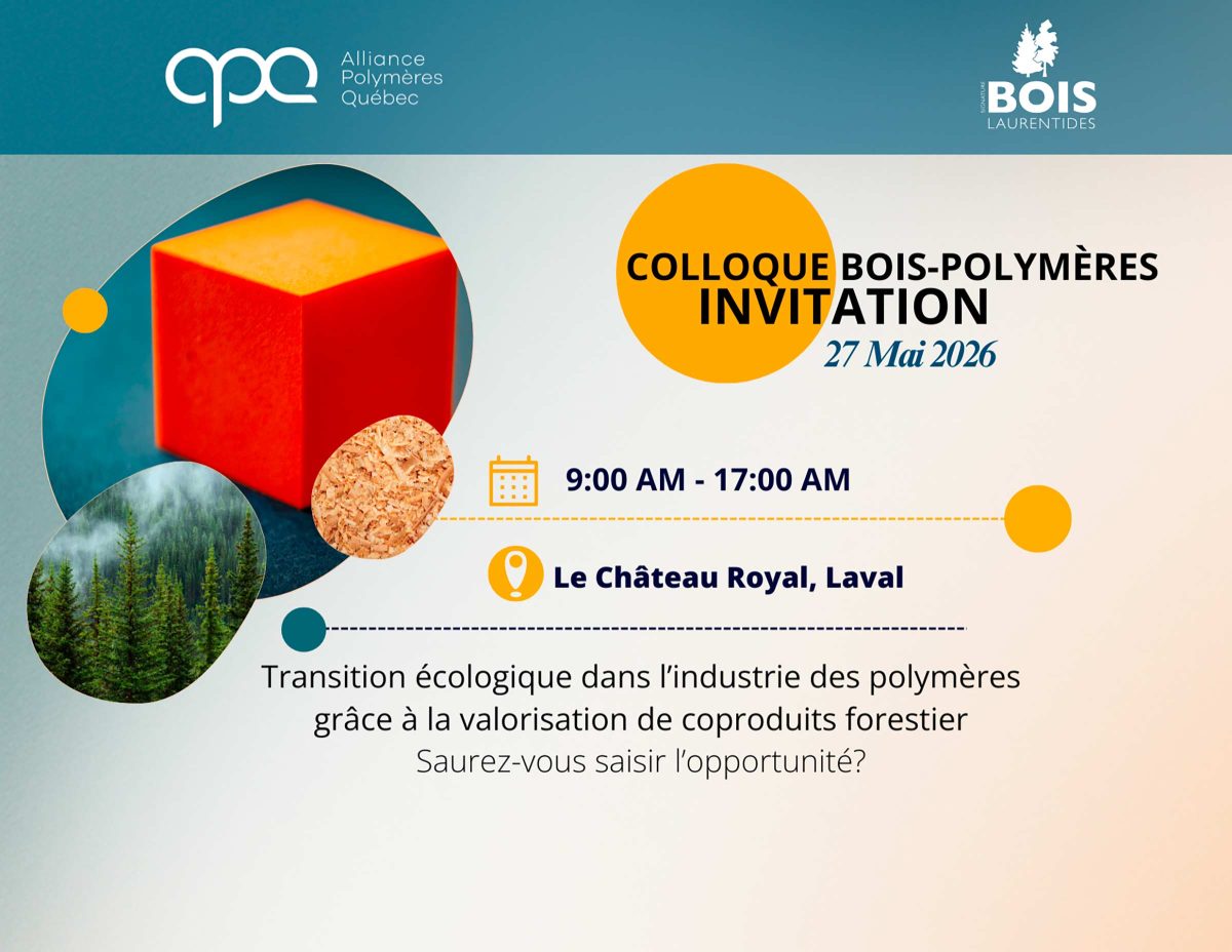 Présentation technique d'Écoplast au Colloque Bois-Polymères 2026 sur l'intégration du bois dans le plastique.