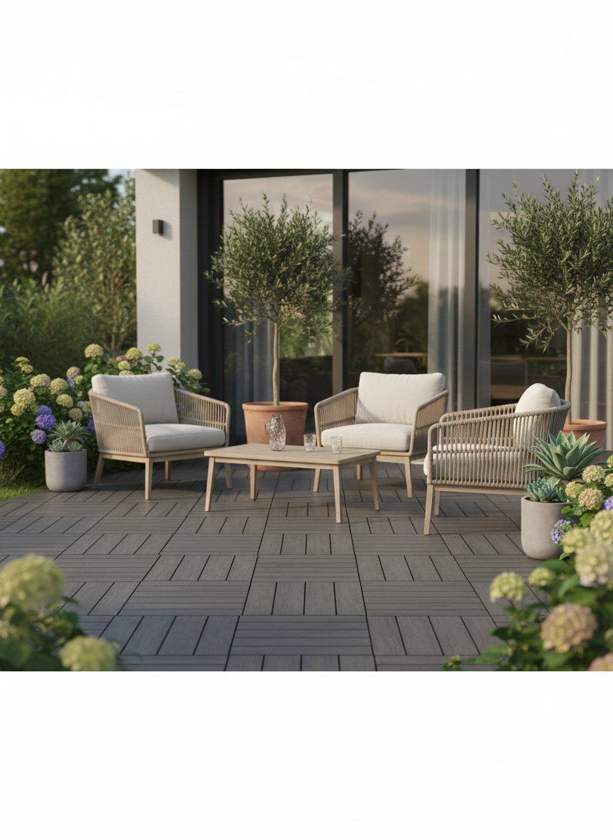 Tuiles de terrasse emboîtables 1x1 en composite gris graphite installées sur un balcon urbain. planche composite